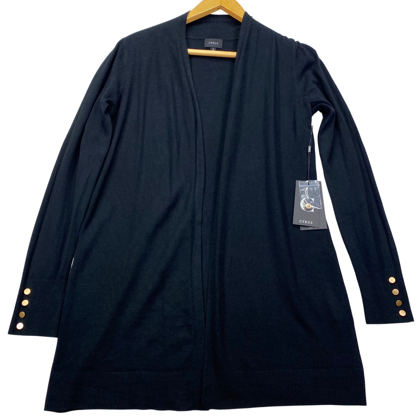 Cyrus Open Front Cardigan Womens Large Black Gold Button Cuff Sweater C232303g